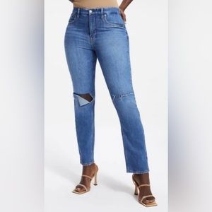 NWT Good American Good 90’s Blue Jean Knee Rip Distressed Straight Fit Size 6